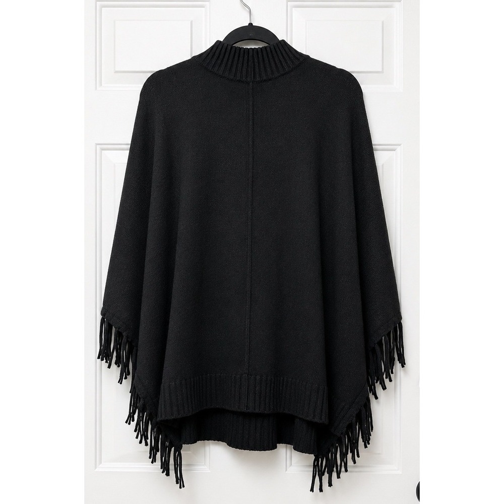 NWT PrettyGarden Womens Black Mock Neck Fringe Knit Poncho Sweater Wrap Size S